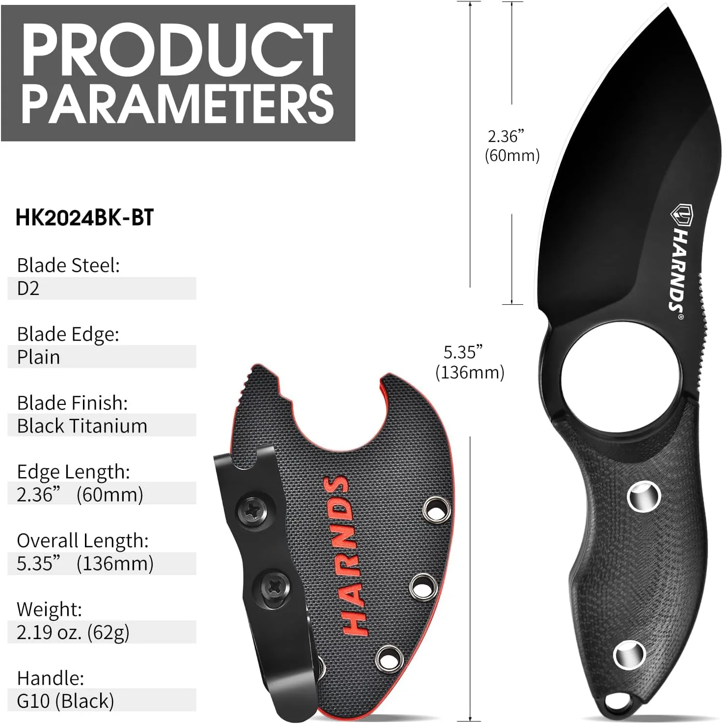 Small Fixed Blade Knife Full Tang Neck Camping Knife, EDC with D2 Steel Blade and G10 Handle for Fishing and Skinning Eggplant