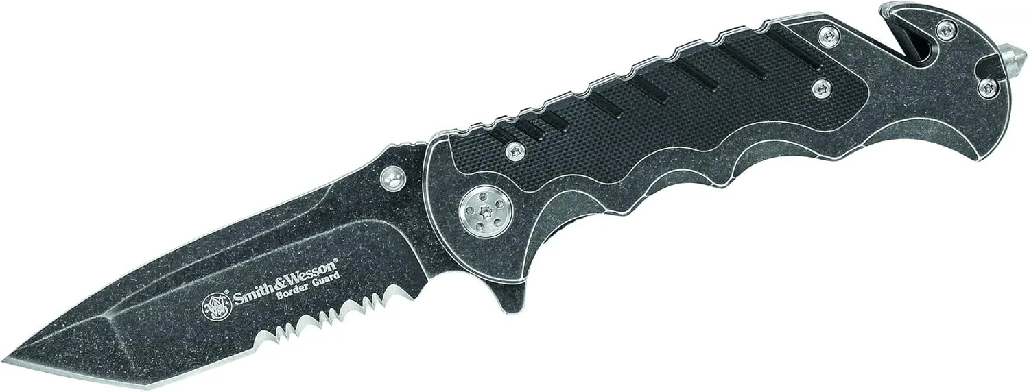 SMITH & WESSON Border Guard SWBG10S 8.3in High Carbon S.S. Folding Knife with 3.5in Serrated Tanto Blade and Aluminum Handle for Outdoor, Tactical, Survival and EDC, Black