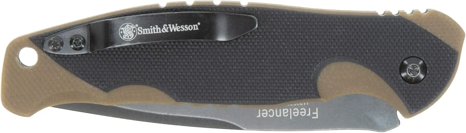 Smith & Wesson Freelancer 8in High Carbon S.S. Push Button Folding Knife with 3.2in Clip Point Blade and G10 Handle for Outdoor, Tactical, Survival and EDC