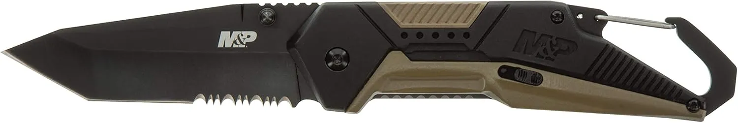 Smith & Wesson M&P Repo 8in High Carbon S.S. Assisted Folding Knife with 3.2in Tanto Blade and Aluminum/Overmold Handle for Outdoor, Tactical, Survival and EDC, Black