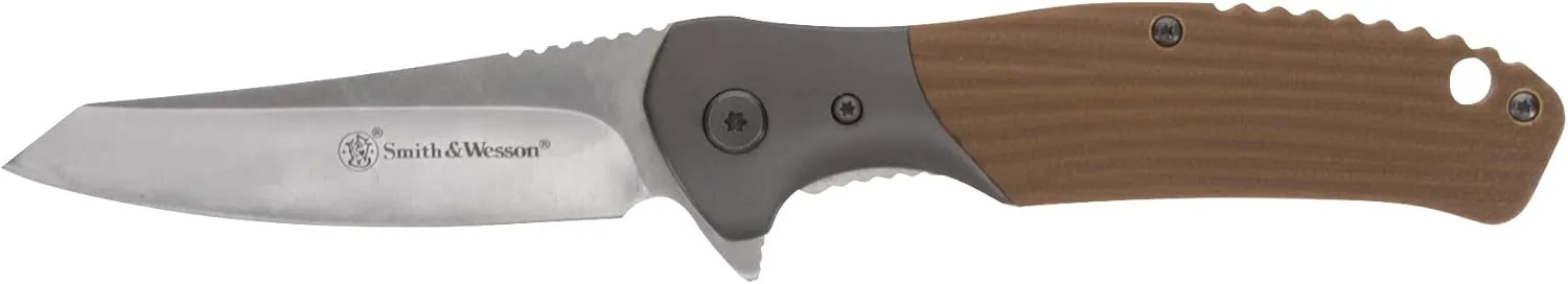 Smith & Wesson Stave 7.75in High Carbon S.S. Ultra Glide Folding Knife with 3.25in Clip Point Blade and Stainless/G10 Handle for Outdoor, Tactical, Survival and EDC