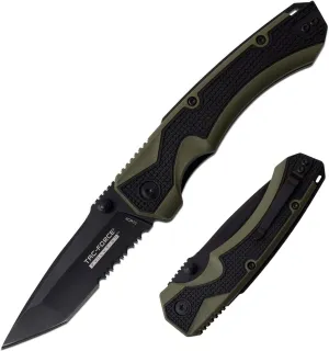 Spring Assisted Pocket Knife - Black Stainless Steel Tanto/Serrated Blade with Green and Black Nylon Fiber Handle and Pocket Clip - TFE-A019T-BGN