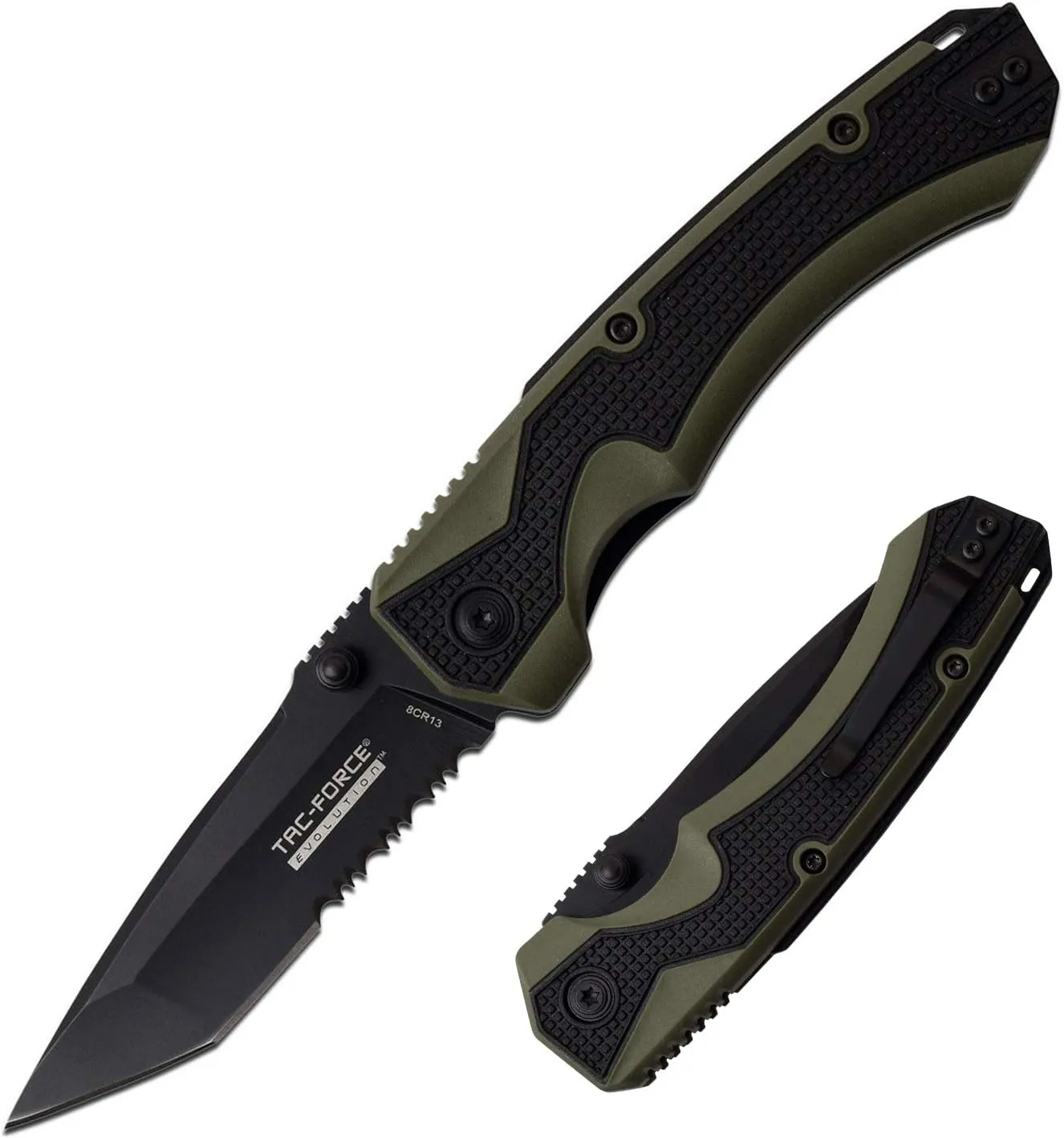 Spring Assisted Pocket Knife - Black Stainless Steel Tanto/Serrated Blade with Green and Black Nylon Fiber Handle and Pocket Clip - TFE-A019T-BGN