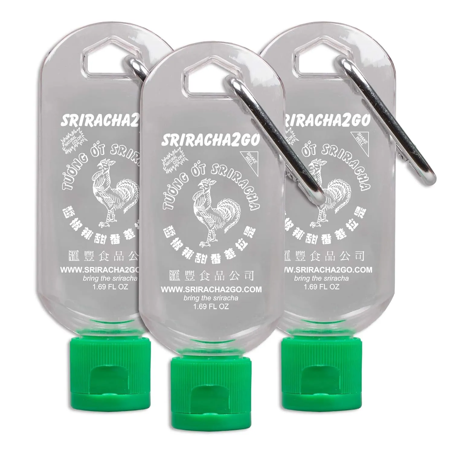 Sriracha2Go 3-Pack - BPA Free, TSA Approved, Leak Proof, Reusable, Stainless Steel Carabiner Clip