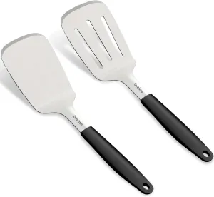Stainless Steel Spatula Set, Large 13.4 In Metal Spatula for Kitchen Use, Heavy Duty BBQ Turner with Silicone Handle, Set of 2 Solid & Slotted Flipper for Cast Iron Skillet, Grilling & Cooking
