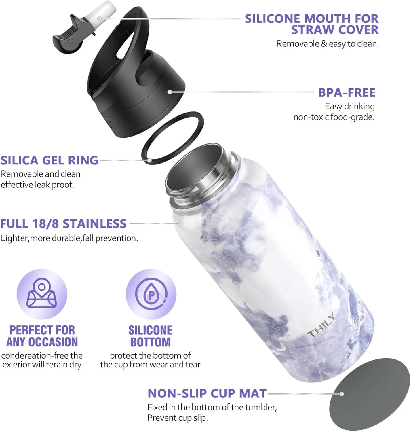 Stainless Steel Sports Water Bottle - THILY Vacuum Insulated 32 oz Leakproof Wide Mouth Water Flask with 2 Lids and Straws, Keep Hot 12 Hours Cold 36 Hours, BPA Free, Blue Marble