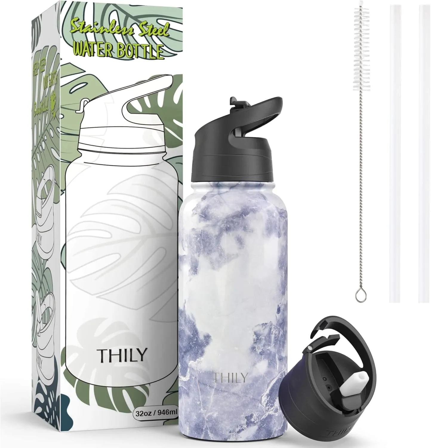 Stainless Steel Sports Water Bottle - THILY Vacuum Insulated 32 oz Leakproof Wide Mouth Water Flask with 2 Lids and Straws, Keep Hot 12 Hours Cold 36 Hours, BPA Free, Blue Marble