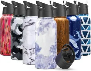 Stainless Steel Sports Water Bottle - THILY Vacuum Insulated 32 oz Leakproof Wide Mouth Water Flask with 2 Lids and Straws, Keep Hot 12 Hours Cold 36 Hours, BPA Free, Blue Marble