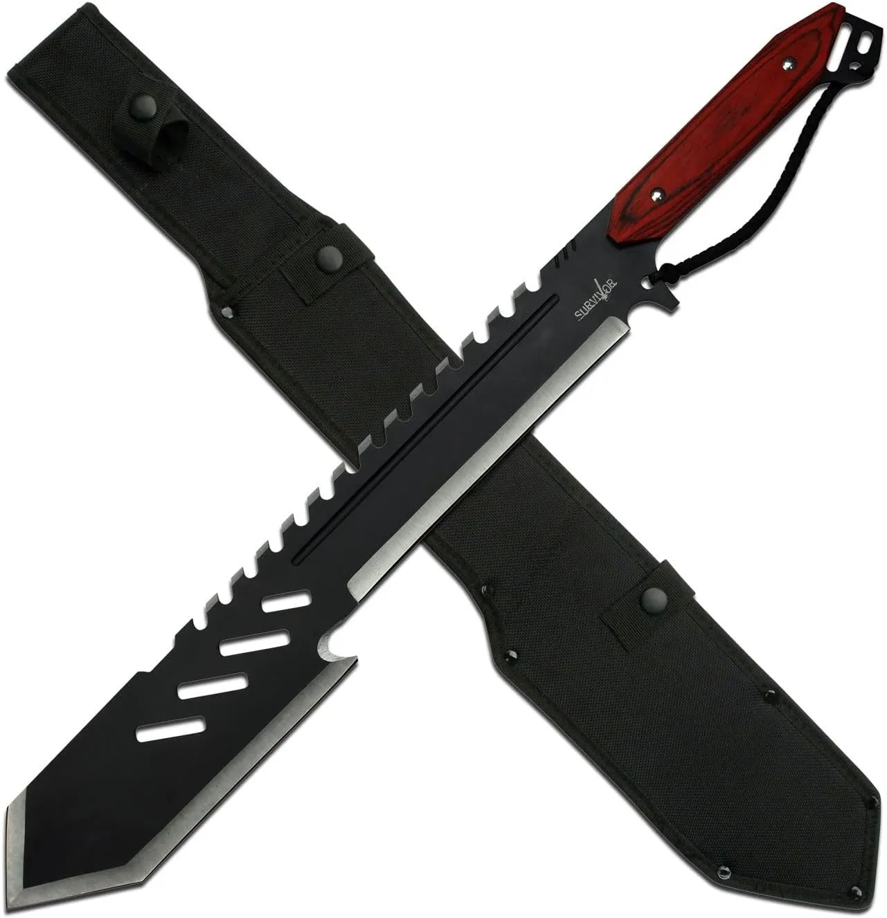 Survivor - Fixed Blade Machete - Black and Satin Finish Stainless Steel Blade with Sawback, Brown Wood Handle, Full Tang, Nylon Sheath - Hunting, Camping, Survival - SV-MHT004BK