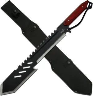Survivor - Fixed Blade Machete - Black and Satin Finish Stainless Steel Blade with Sawback, Brown Wood Handle, Full Tang, Nylon Sheath - Hunting, Camping, Survival - SV-MHT004BK