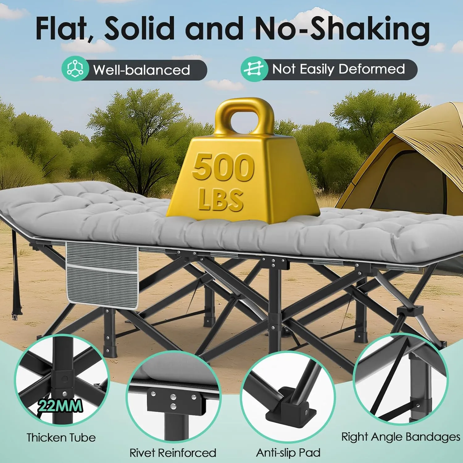 Suteck Camping Cot, 32In XXL Folding Camping Cot Heavy Duty Sleeping Bed for Adults 1200D Double Layer Oxford Cots for Camping W/Pilllow Mattress Carry Bag for Home Office Nap Beach Travel, 500LBS