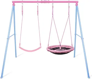 Swing Set, 440lbs, Heavy-Duty A-Frame Metal Outdoor SwingStand, 1 Saucer & 1 Belt Swing seat for Playground, Backyard Pink
