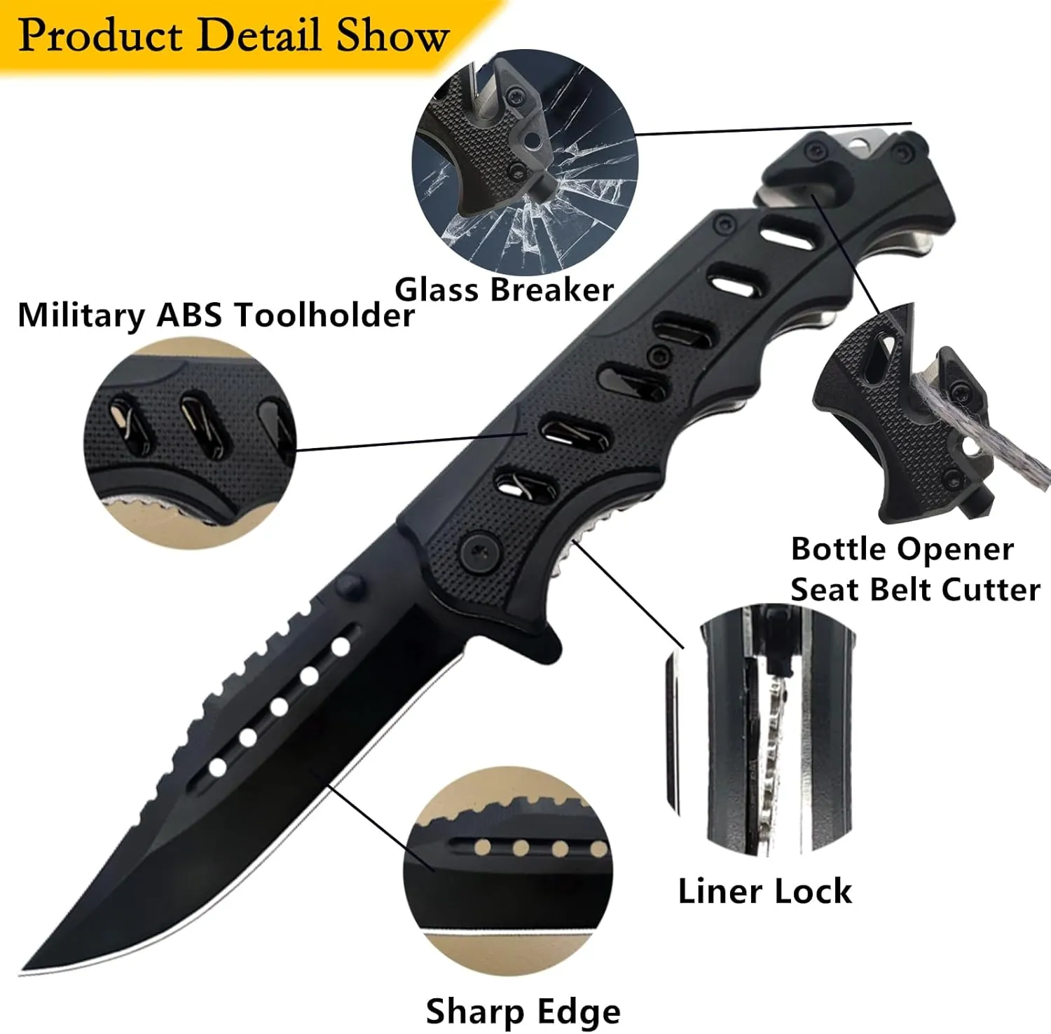 Switchblade Knives with Liner-Lock Belt Clip, Seat Belt Cutter, Glass Breaker,Pocket Folding Knife for Hunting Survival Camping Hiking (Black)