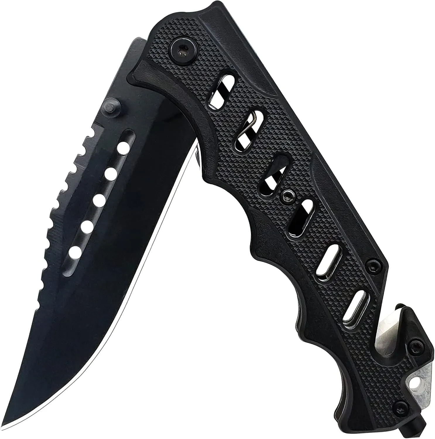 Switchblade Knives with Liner-Lock Belt Clip, Seat Belt Cutter, Glass Breaker,Pocket Folding Knife for Hunting Survival Camping Hiking (Black)