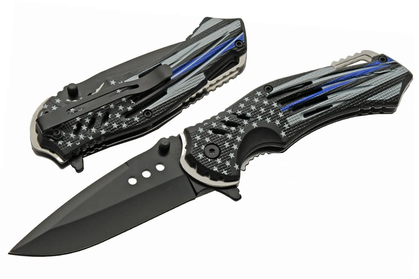 SZCO Supplies 8-Inch Police Flag Folding Knife – Assisted Open Liner Lock EDC Pocket Knife with Stainless Steel Clip Point Blade and Thin Blue Line Handle for Everyday Carry