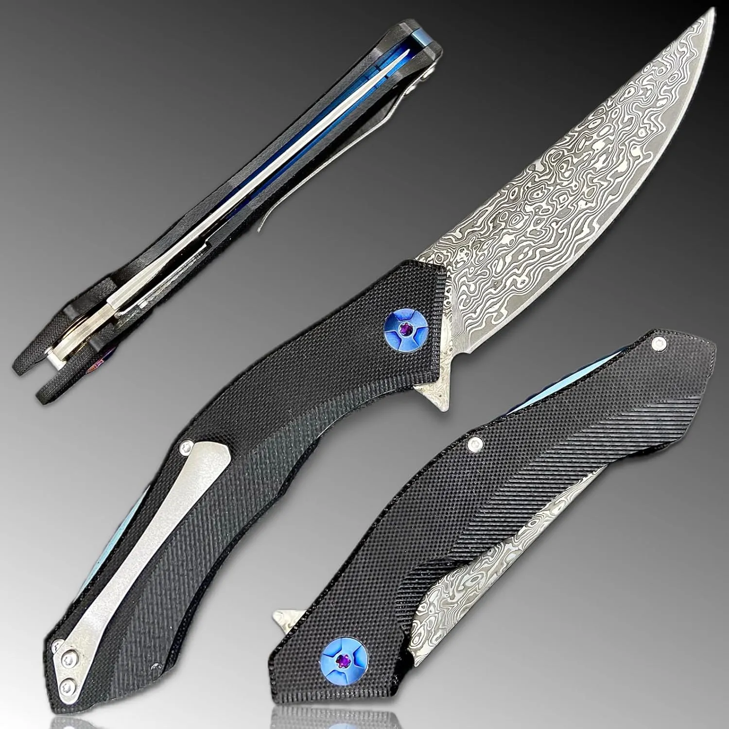 TACTICAL GEARZ EDC Damascus Pocket Folding Knife, G10 Handle, 67 Multi-Layered VG10 Damascus Steel Blade, Includes Sheath (XT Black)
