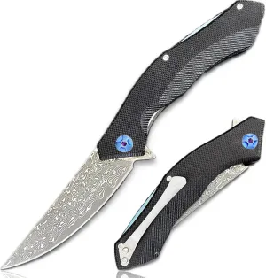 TACTICAL GEARZ EDC Damascus Pocket Folding Knife, G10 Handle, 67 Multi-Layered VG10 Damascus Steel Blade, Includes Sheath (XT Black)