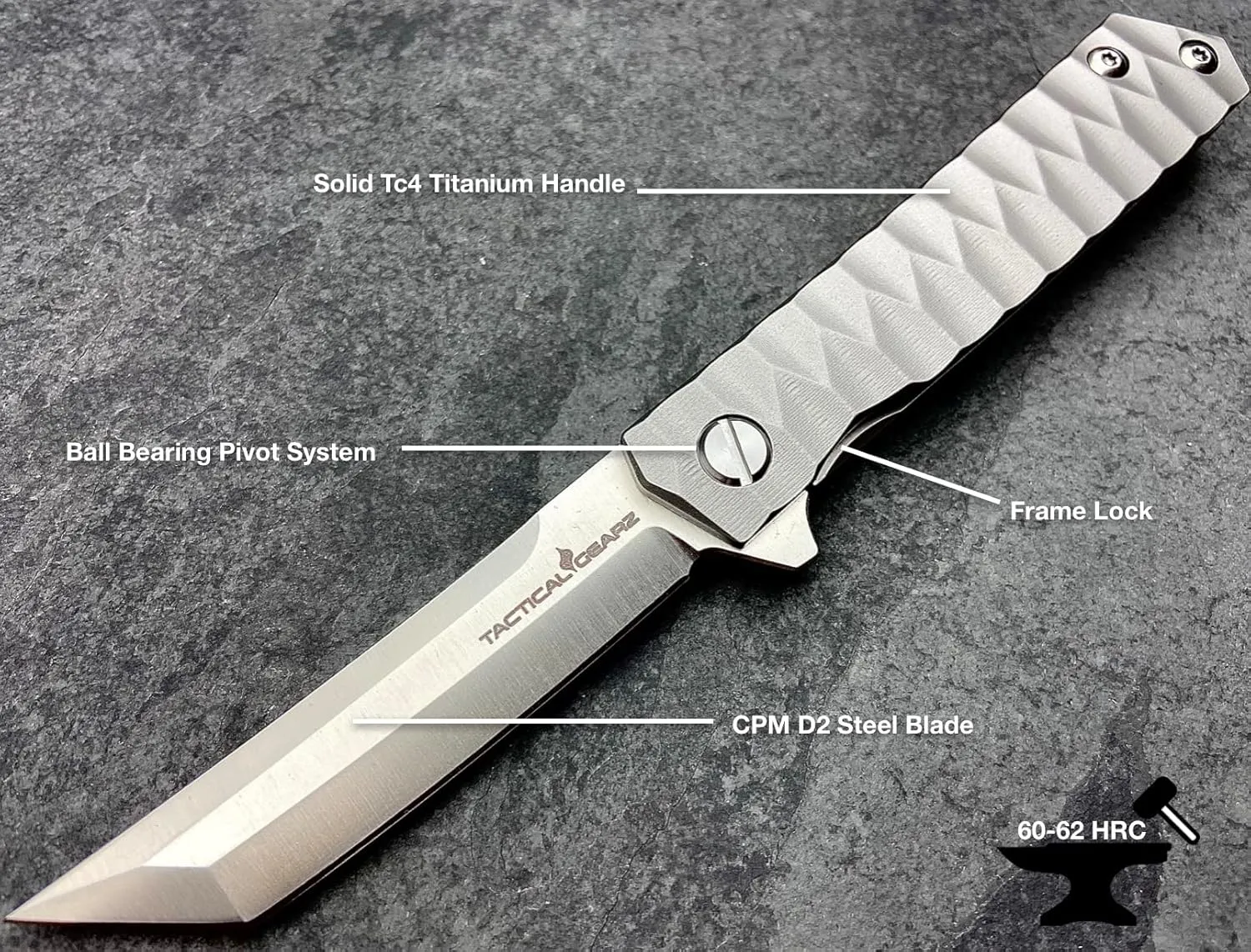 TACTICAL GEARZ Titanium Pocket Folding Knife for EDC, Solid Tc4 Titanium Handle, CPM D2 Steel Tanto Blade, Includes Sheath (Saint ST)