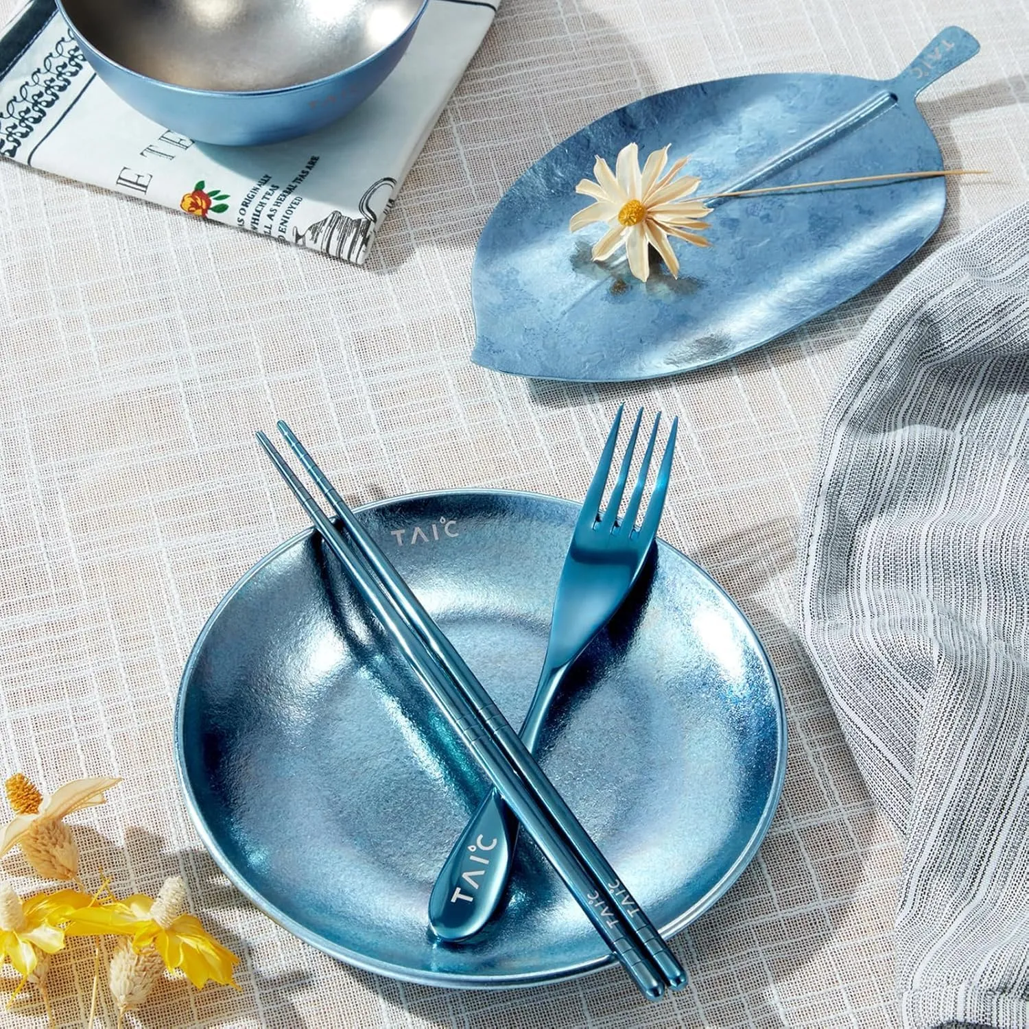 TAIC Flatware Set Titanium, Pearl Metal, Dessert Knife/Dessert Fork Set of 2(ACapri Blue)