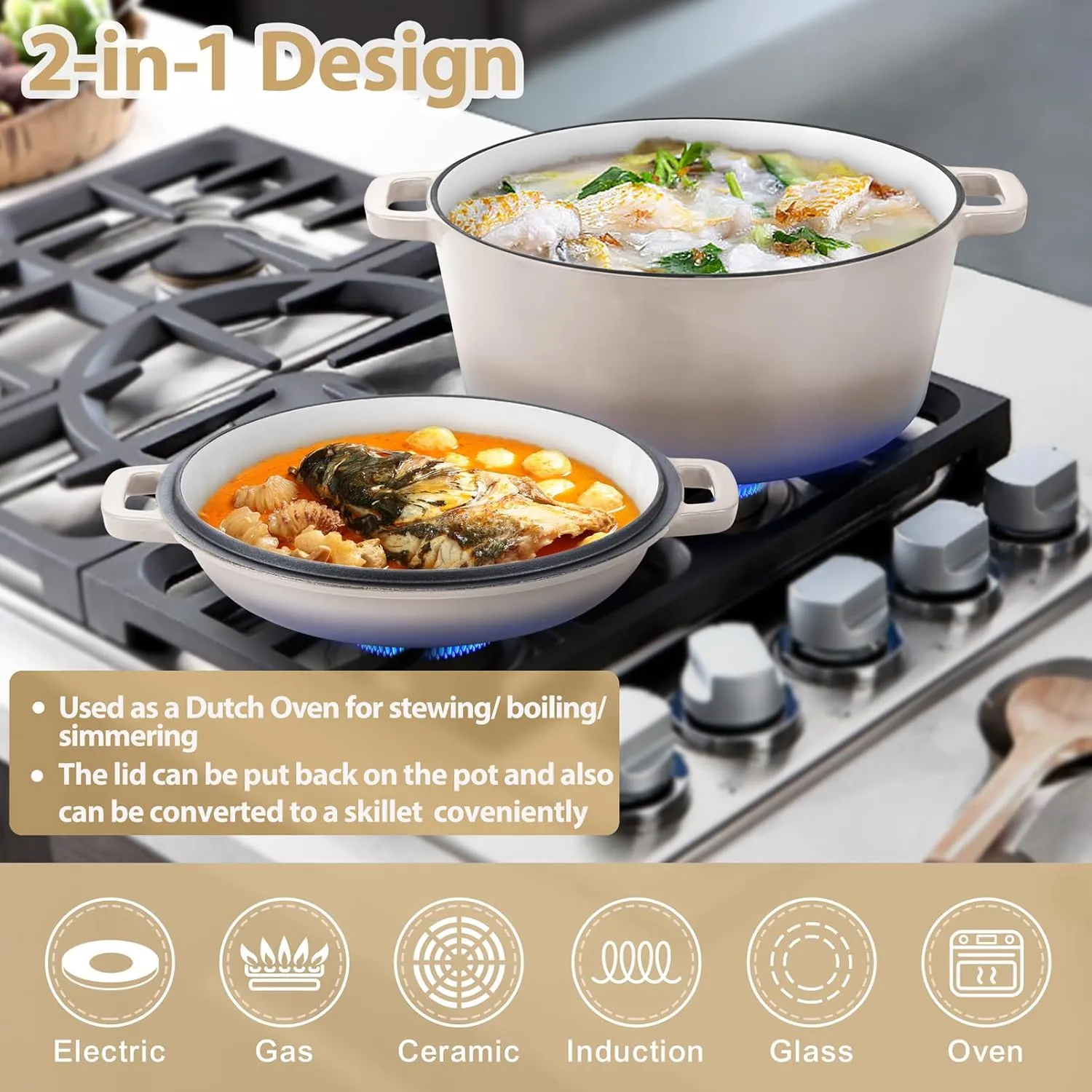 TeamFar 5 Quart Dutch Oven, 2 In 1 Enameled Cast Iron Dutch Oven Pot Cookware with Skillet Lid, for Bread Baking Braising Stewing Roasting, Sturdy & Nonstick, Oven Safe & Fit for Induction (Khaki)