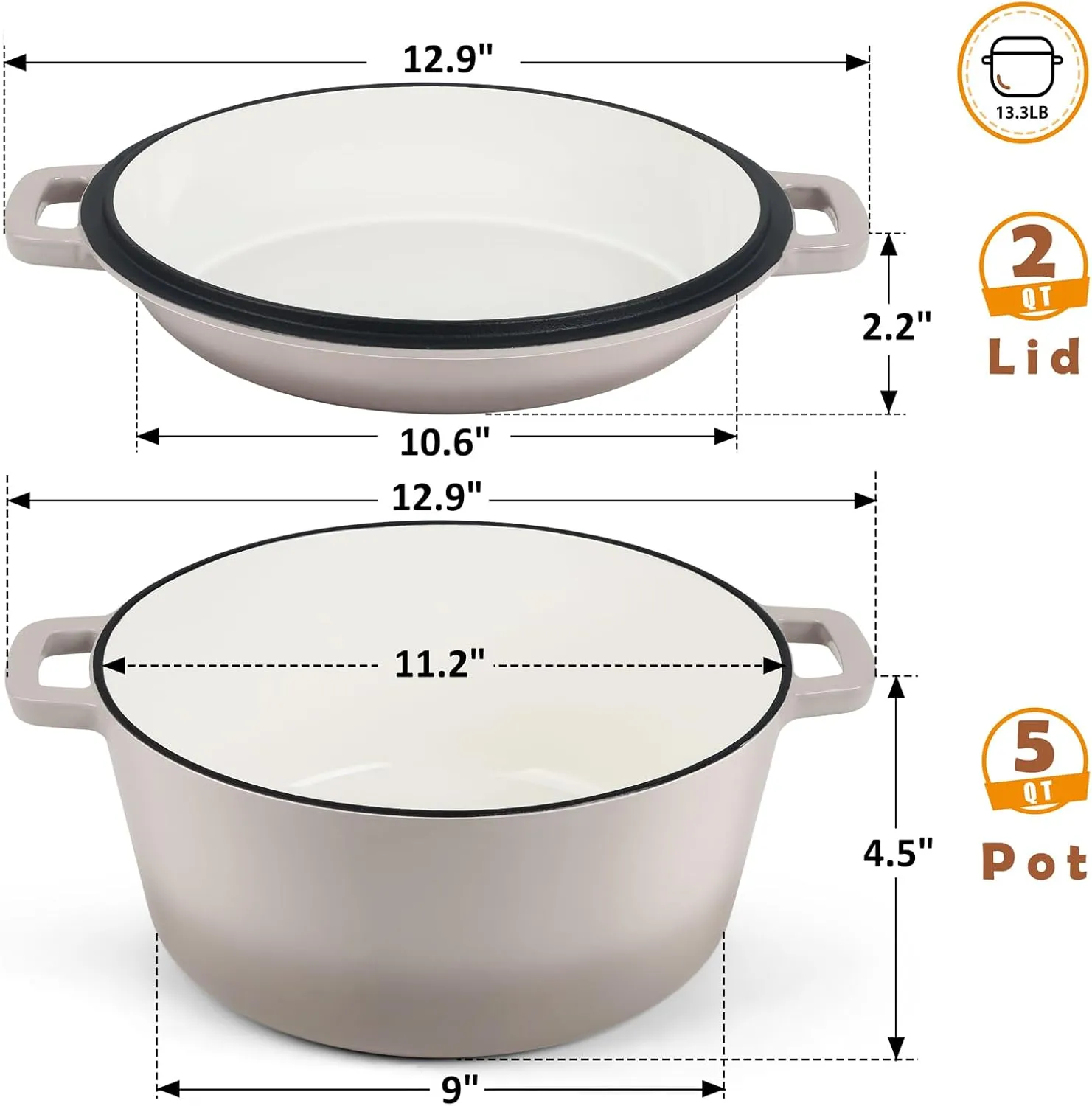 TeamFar 5 Quart Dutch Oven, 2 In 1 Enameled Cast Iron Dutch Oven Pot Cookware with Skillet Lid, for Bread Baking Braising Stewing Roasting, Sturdy & Nonstick, Oven Safe & Fit for Induction (Khaki)
