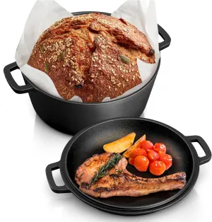 TeamFar 5QT Dutch Oven Pot With Lid, 2-in-1 Pre-seasoned Cast Iron Dutch Oven Stock Pot with Lid for Bread Baking, Healthy & Fit Various Heat Sources