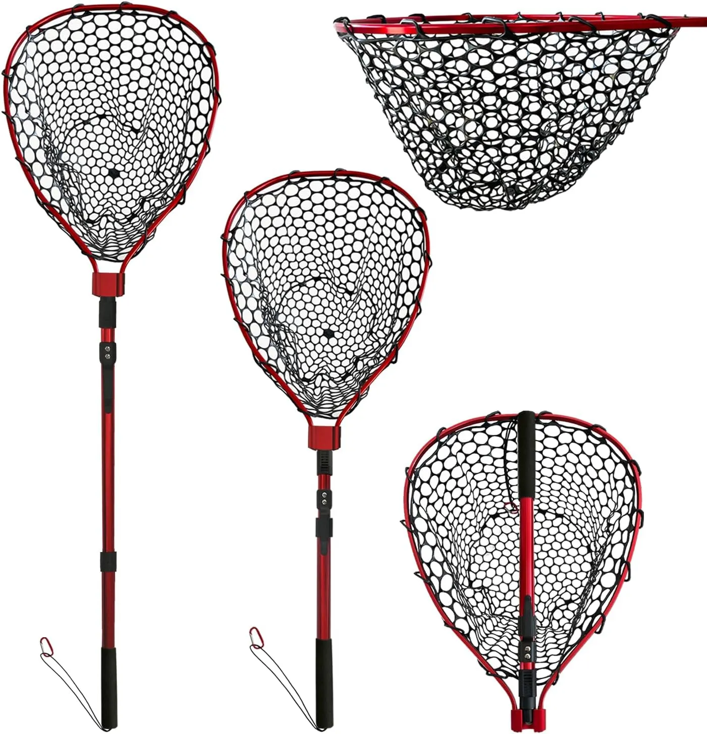 Telescoping Fishing Nets Lightweight Rubber Fish Net Durable with Non-Slip Grip - Freshwater and Saltwater (Red) Fishpond Large Fish Net