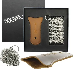 The Journey Home Cast Iron Skillet Handle Covers - Heat Resistant Leather Pan Handle w/Hole - Cast Iron Accessories - Gift sets for men - Chainmail Scrubber