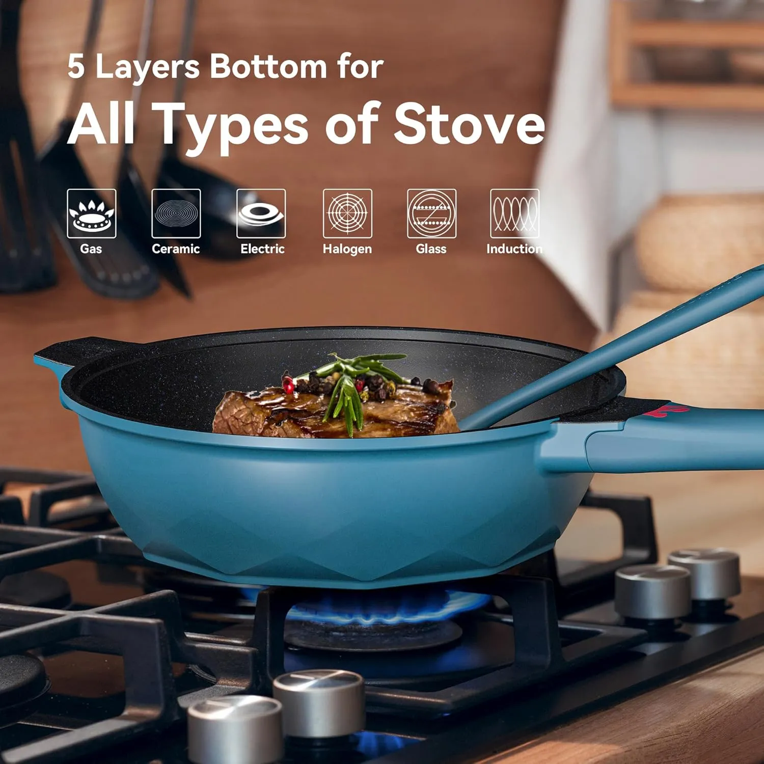 TIBORANG 8 in 1 Multipurpose 11 Inch 5 Quart Heat Indicator Nonstick Deep Frying Pan with Glass Lid,Steamed Grid,PFOA-Free,Dishwasher&Oven Safe,Works with All Stovetops (Dark Teal)