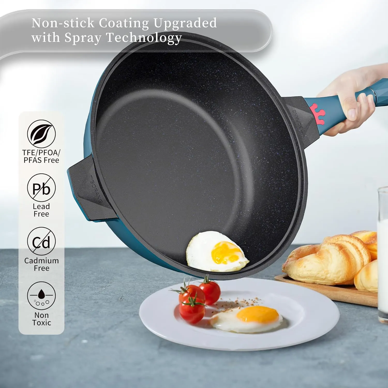 TIBORANG 8 in 1 Multipurpose 11 Inch 5 Quart Heat Indicator Nonstick Deep Frying Pan with Glass Lid,Steamed Grid,PFOA-Free,Dishwasher&Oven Safe,Works with All Stovetops (Dark Teal)