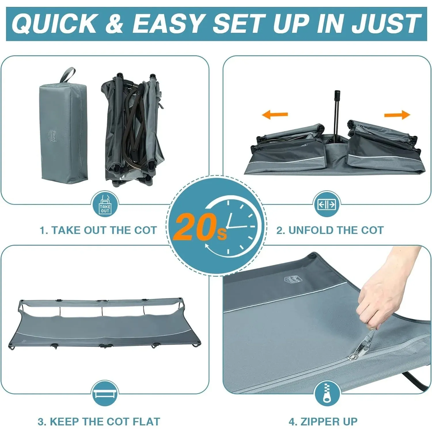 TIMBER RIDGE 20-Second Quick Set-Up Folding Camping Cot - Lightweight Cot for Adults with Carry Bag