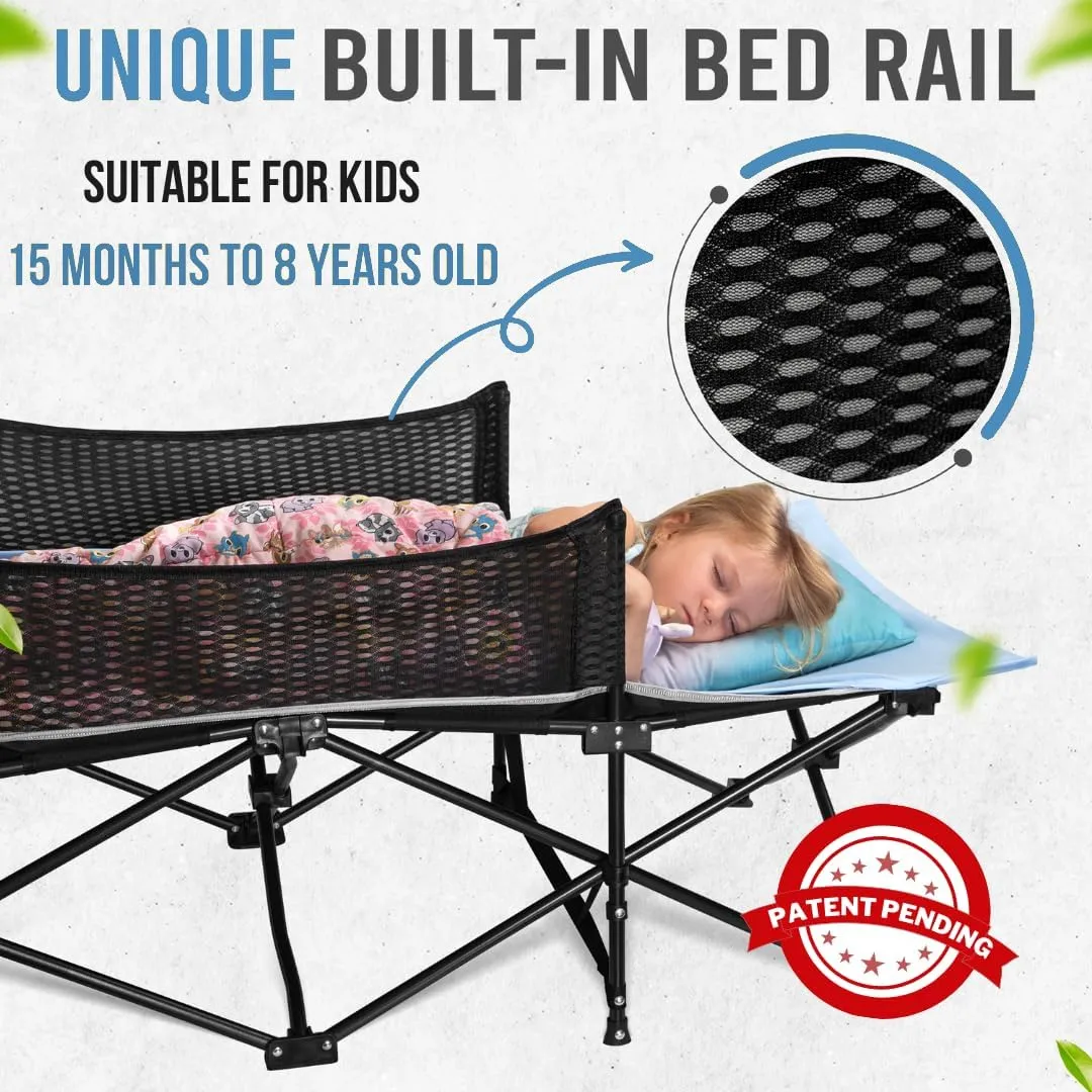 Toddler Cot Bed: Kids Travel Camping Bed, a Portable Folding Cot for Kids Great for Outdoors and Young Guests at Home. Comfortable Kids Sleeping Cot Easy to Store and Use (Light Blue)
