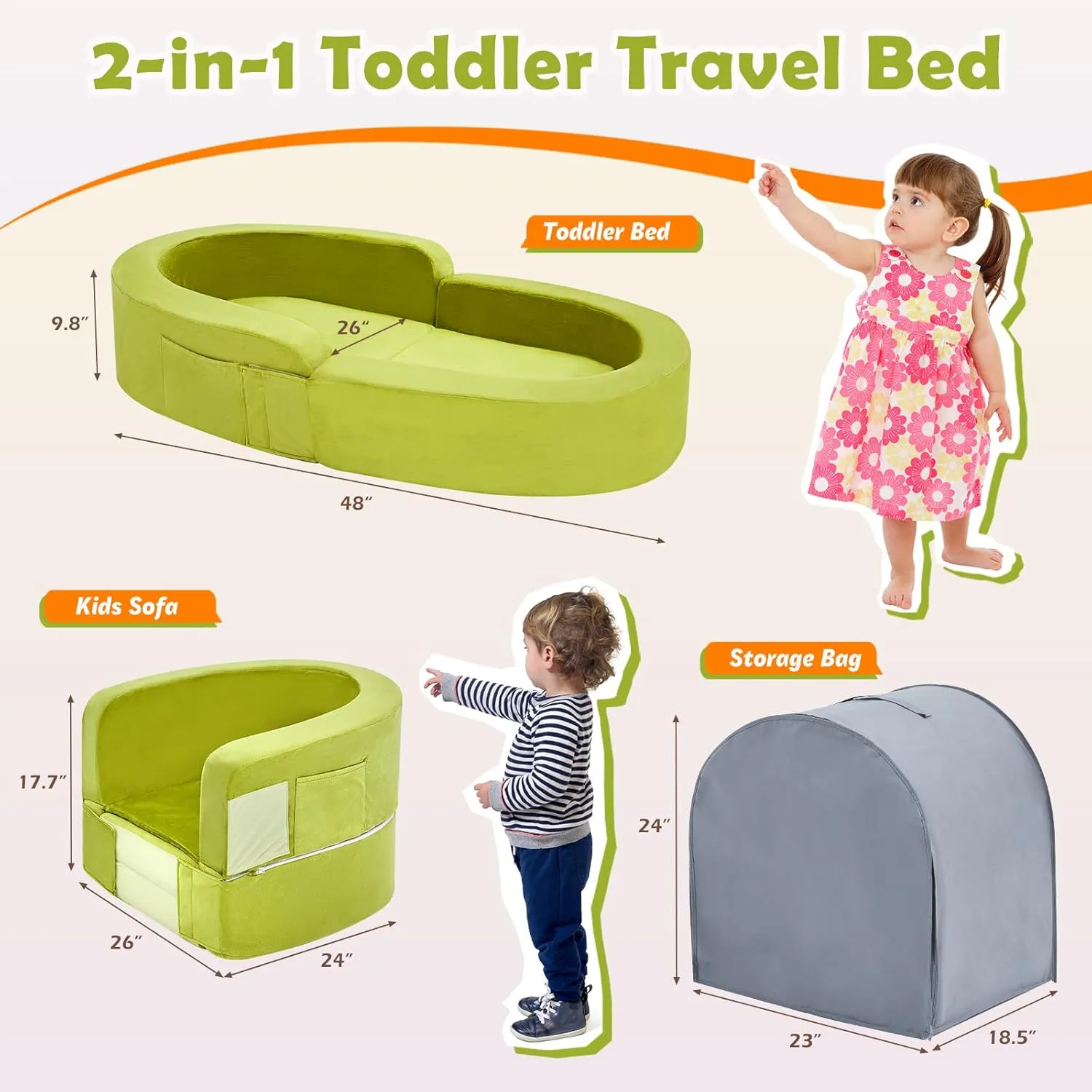 Toddler Travel Bed-Portable Toddler Bed, Foldable 2-in-1 Travel Toddler Bed Kids Sofa, Soft Foam Toddler Cot with Washable Cover, Convertible Sofa Bed for Toddler and Kids for Indoor&Outdoor Use