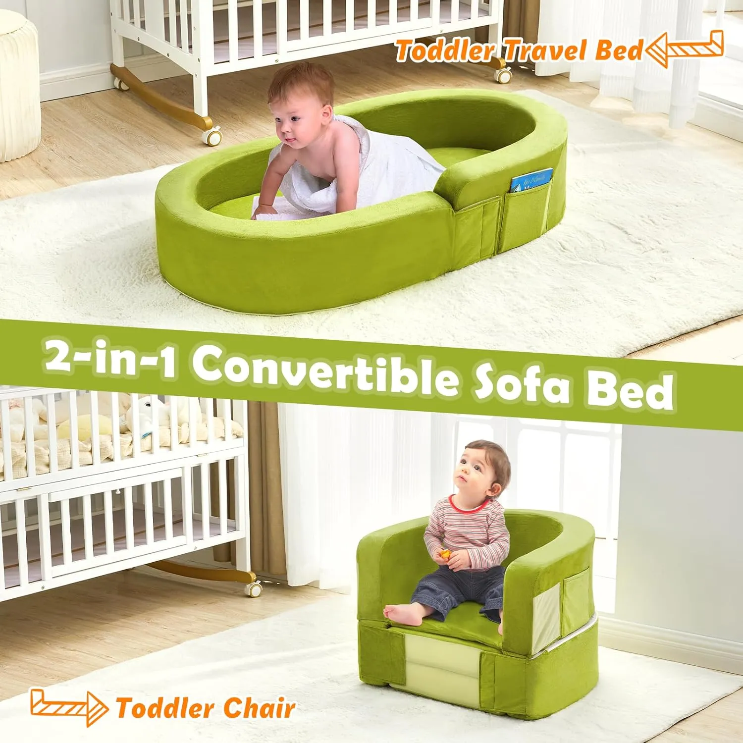 Toddler Travel Bed-Portable Toddler Bed, Foldable 2-in-1 Travel Toddler Bed Kids Sofa, Soft Foam Toddler Cot with Washable Cover, Convertible Sofa Bed for Toddler and Kids for Indoor&Outdoor Use