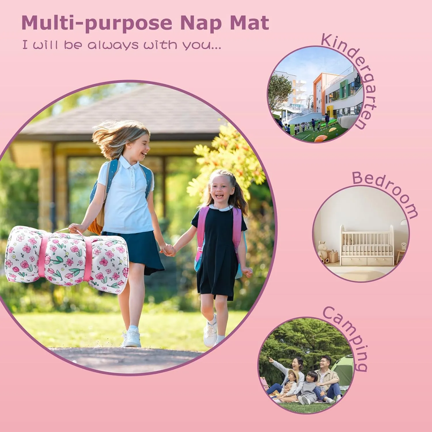 Toddlers Nap Mat with Removable Pillow and Soft Blanket, Lightweight Daycare Preschool Kindergarten Sleeping Bag, Travel Slumber for Kids Girls Boys