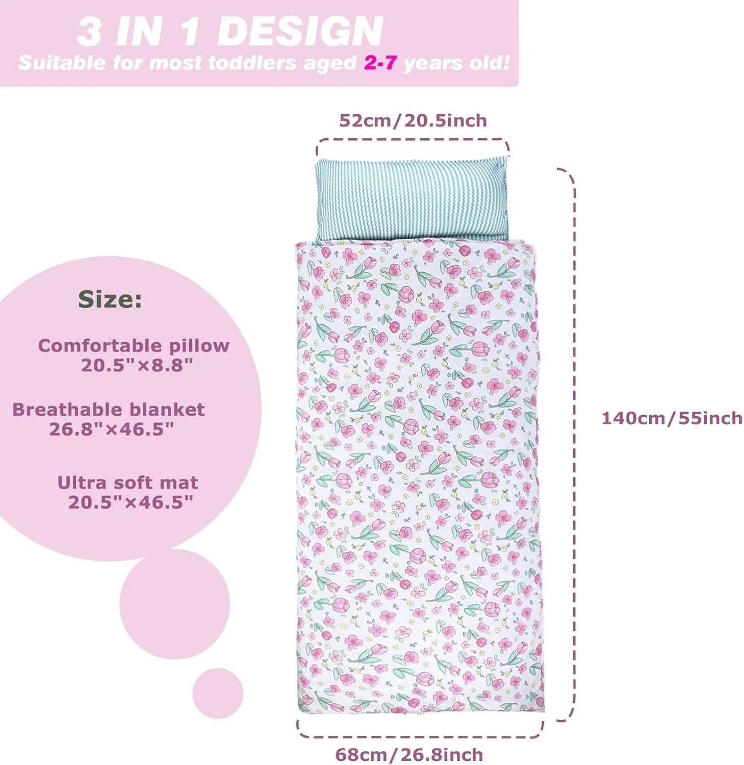 Toddlers Nap Mat with Removable Pillow and Soft Blanket, Lightweight Daycare Preschool Kindergarten Sleeping Bag, Travel Slumber for Kids Girls Boys