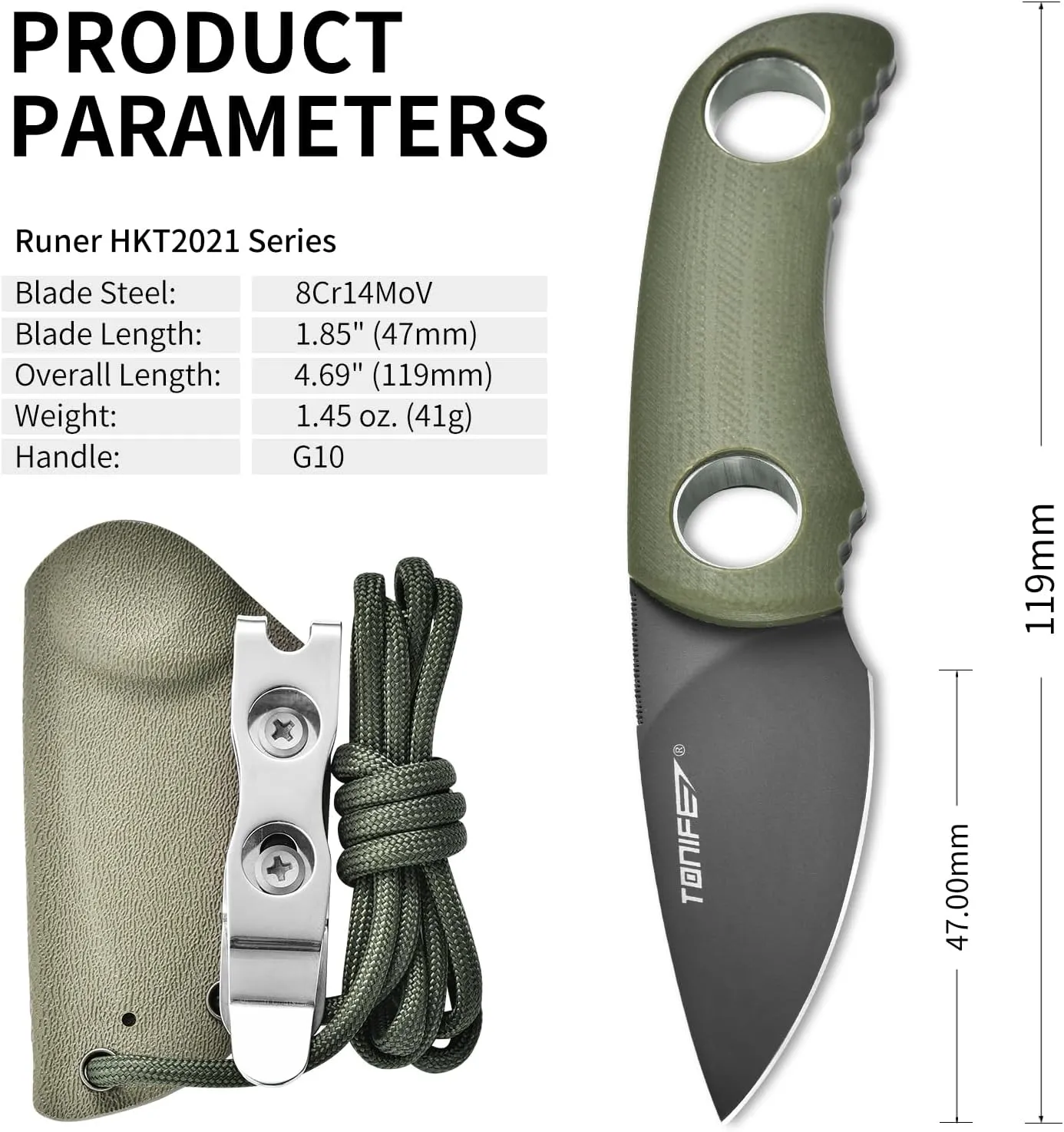 TONIFE Fixed Blade Knife 4.8cm, Mini Neck Knife with Kydex Sheath and Cord, EDC Portable Fixed Knife for Outdoor Survival