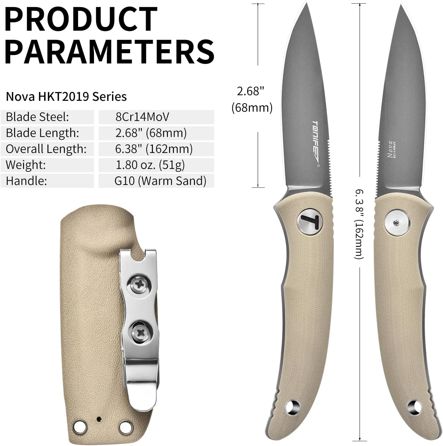 TONIFE Nova 2.68'' Blade Mini Neck Knife Full Tang Fixed Blade Knife with Kydex Sheath and Adjustable Paracord Lanyard for Camping Outdoor Survival Tool (Warm Sand Gray Titanium)