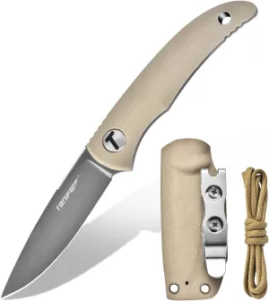TONIFE Nova 2.68'' Blade Mini Neck Knife Full Tang Fixed Blade Knife with Kydex Sheath and Adjustable Paracord Lanyard for Camping Outdoor Survival Tool (Warm Sand Gray Titanium)