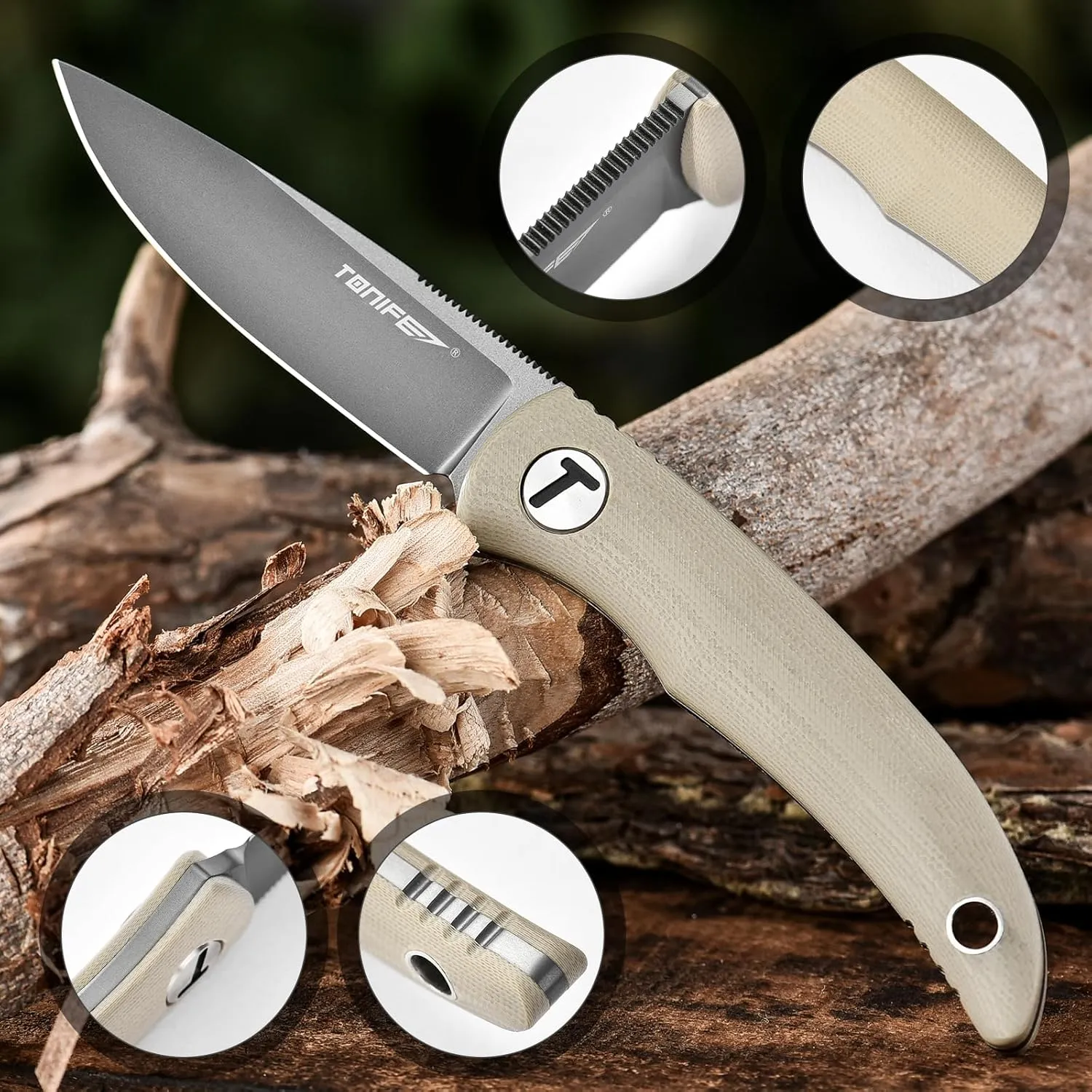 TONIFE Nova 2.68'' Blade Mini Neck Knife Full Tang Fixed Blade Knife with Kydex Sheath and Adjustable Paracord Lanyard for Camping Outdoor Survival Tool (Warm Sand Gray Titanium)