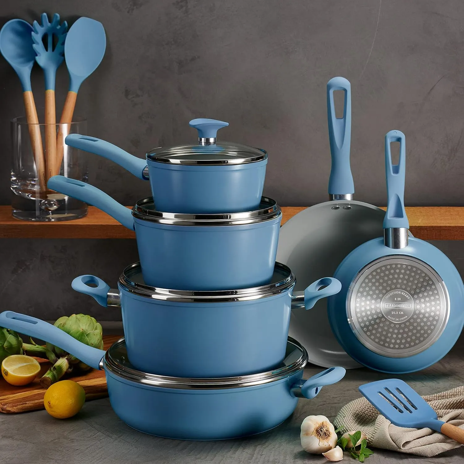 Tramontina 14-Piece Ceramic Non Stick Cookware Set with Lids, Heavy-Gauge Aluminum Pots and Pans Kitchen Set with Nonstick Coating, Dishwasher and Oven Safe (Blue)