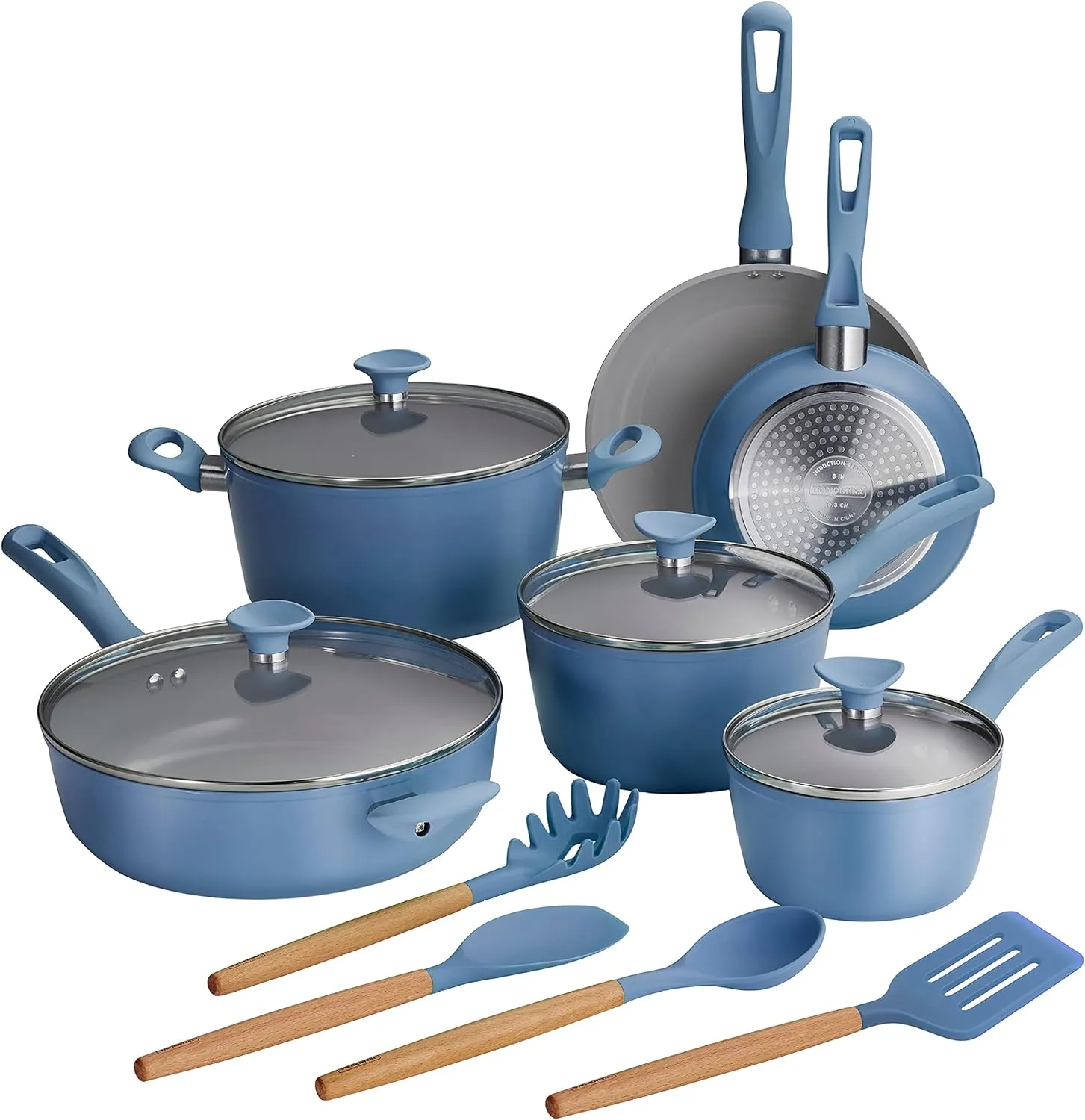 Tramontina 14-Piece Ceramic Non Stick Cookware Set with Lids, Heavy-Gauge Aluminum Pots and Pans Kitchen Set with Nonstick Coating, Dishwasher and Oven Safe (Blue)