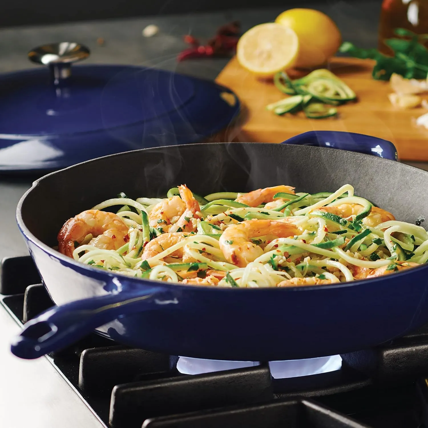 Tramontina Enameled Cast Iron Skillet with Lid, 12-inch Frying Pan, Blue