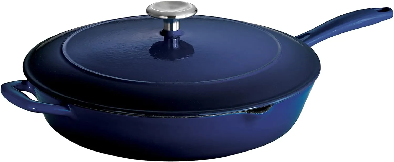 Tramontina Enameled Cast Iron Skillet with Lid, 12-inch Frying Pan, Blue