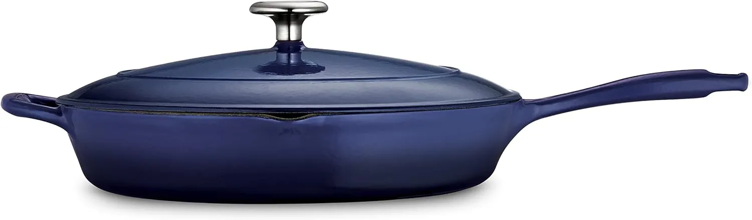 Tramontina Enameled Cast Iron Skillet with Lid, 12-inch Frying Pan, Blue