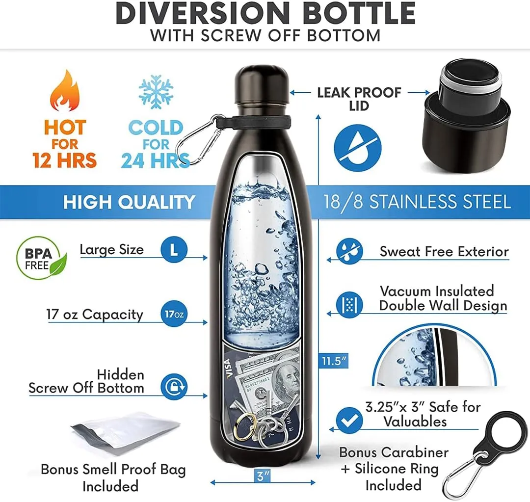 Travah Diversion Water Bottle Safe for Travel and Home - Leak Proof Stainless Steel Tumbler with Hidden Storage - 17oz (Matte Black)
