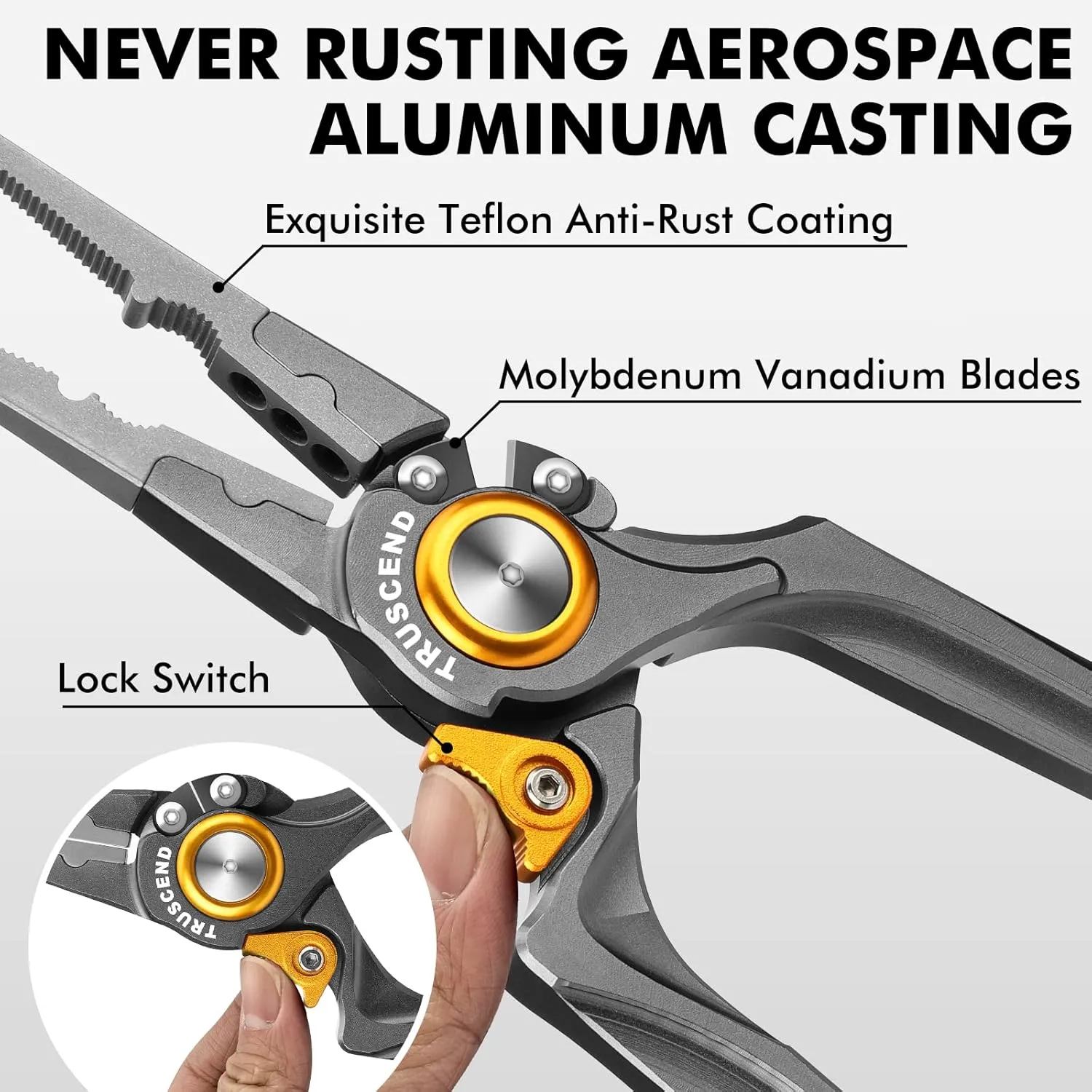 TRUSCEND Lockable Handy Fishing Pliers with Innovative Ergonomical Handle, Corrosion Saltwater Resistant Teflon Coated Fishing Tool, Multi-Function Fishing Gear with Mo-V Cutter, Fishing Gifts for Men