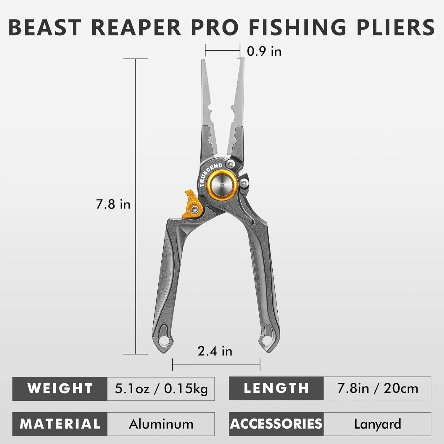 TRUSCEND Lockable Handy Fishing Pliers with Innovative Ergonomical Handle, Corrosion Saltwater Resistant Teflon Coated Fishing Tool, Multi-Function Fishing Gear with Mo-V Cutter, Fishing Gifts for Men