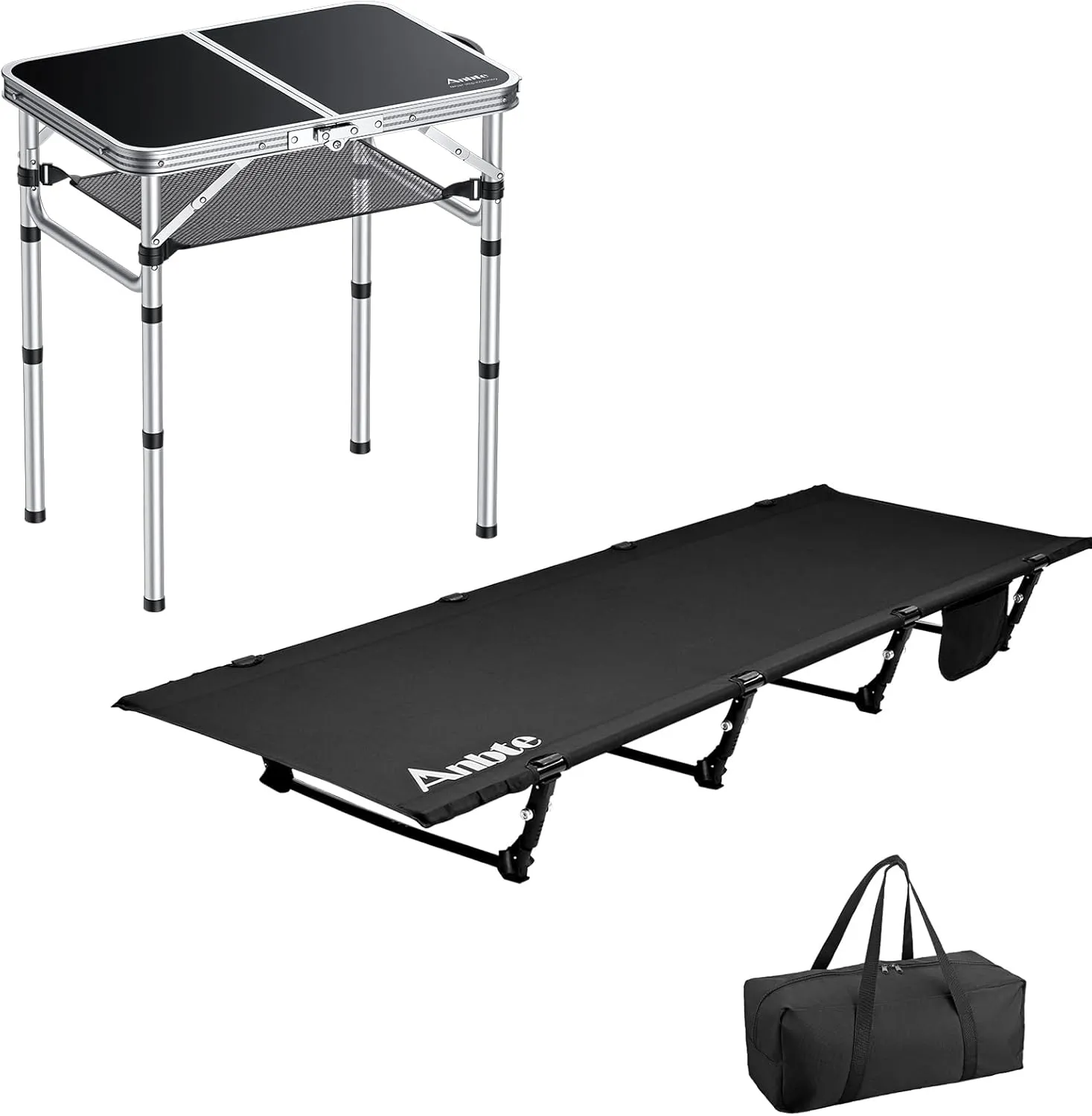 Ultralight Camping Cot Save Effort, Comfortable Camping Bed Supports 350 Lbs with Side Pocket & Folding Camping Table, Aluminum 24" x 16" Adjustable Height