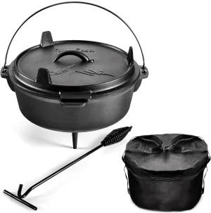 Uno Casa 6Qt Cast Iron Camping Dutch Oven with Lid Lifter and Storage Bag - Pre-Seasoned Outdoor Dutch Oven for Campfire Cooking, Stews, and Baking - Durable Cast Iron Pot for Camping and Hiking